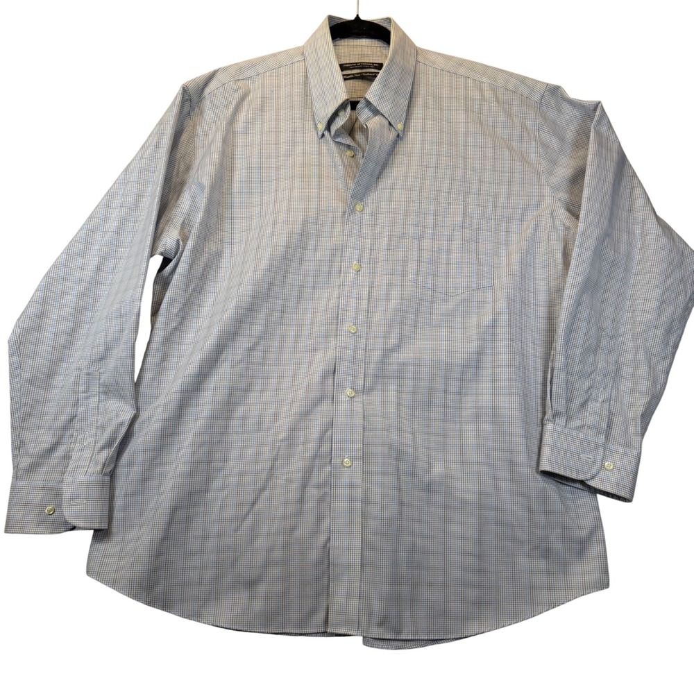 Forsyth of Canada Dress Shirt Mens Large Blue Brown Check Wrinkle Free Tailr Fit